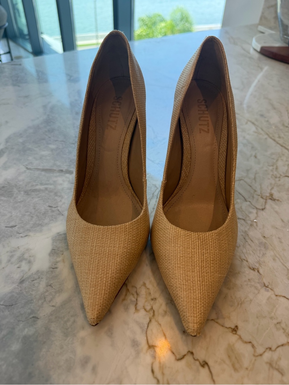SCHUTZ Natural Beige Pointed-Toe Woven Pumps